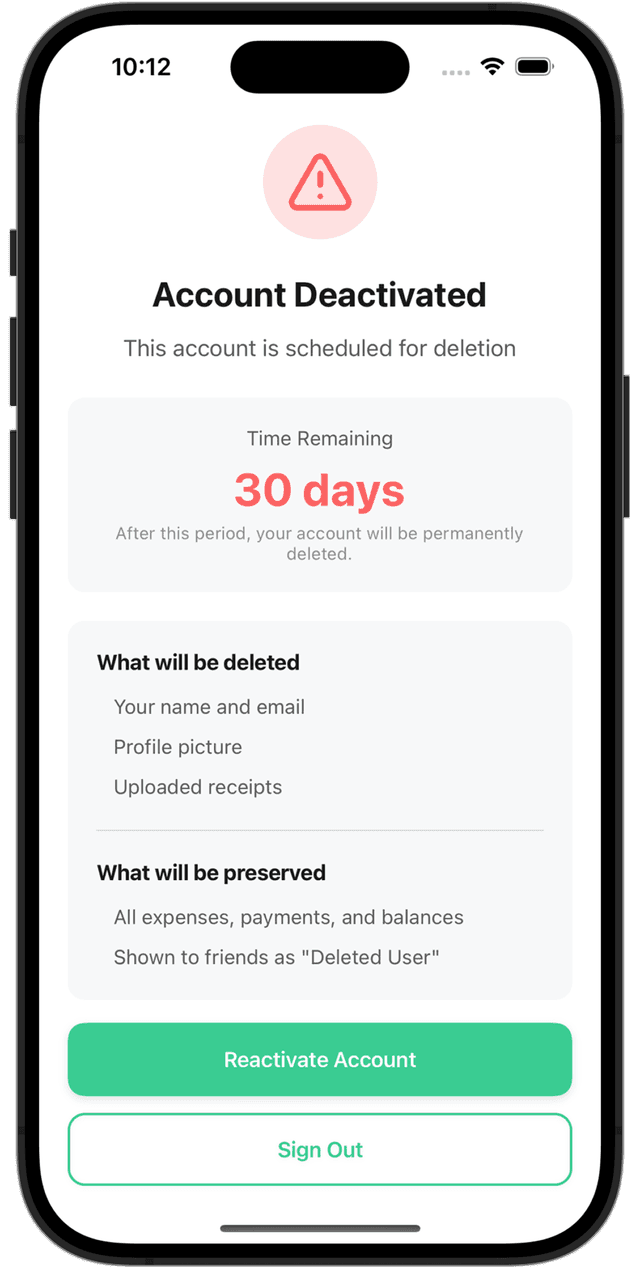 Account deletion screen showing 30-day countdown timer
