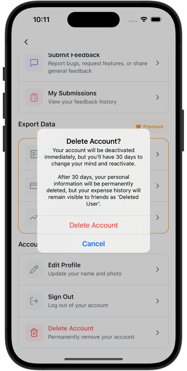 Delete account confirmation screen